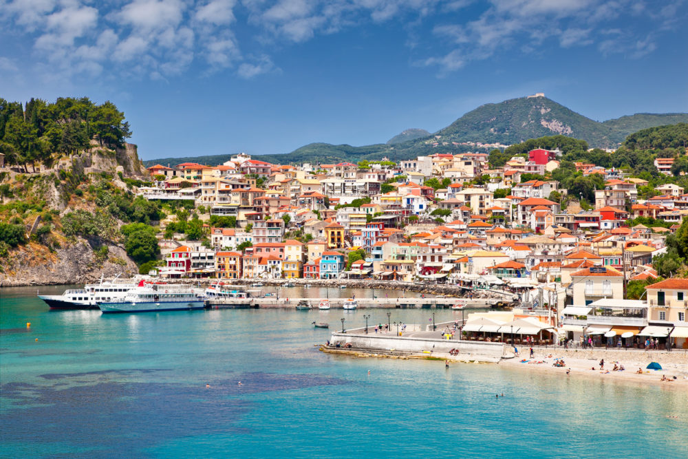 Beautiful panoramic view of Parga port and houses colors, Greece.